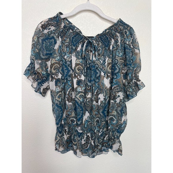 A.N.A Tops - A.N.A Paisley Off The Shoulder Blouse L Chiffon Short Ruffle Sleeve Elastic Hem